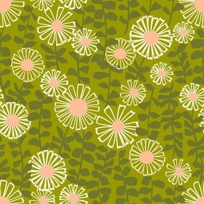 Retro Daisies in Pink and White on Green