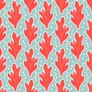 Coral Red Seaweed on Turquoise with White Polkadot Bubbles