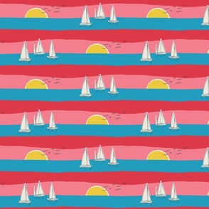(M) Sunset Sailing - sail boats on the sea with seagulls - blue pink and red