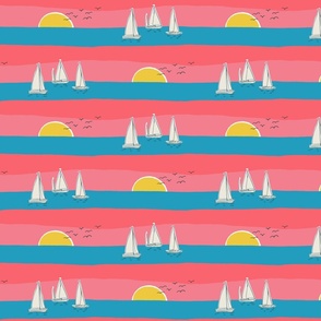 (M) Sunset Sailing - sail boats on the sea with seagulls - pink and blue