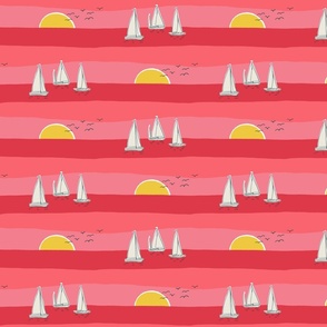 (M) Sunset Sailing - sail boats on the sea with seagulls - pink and red