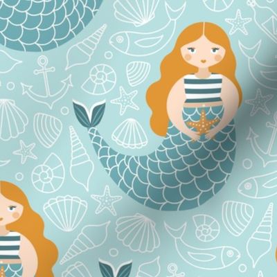 Mermaid swimming in a pool of fish and shells