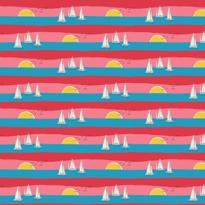 (S) Sunset Sailing - sail boats on the sea with seagulls - blue pink and red