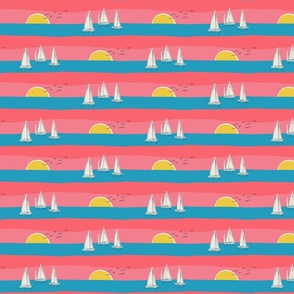 (S) Sunset Sailing - sail boats on the sea with seagulls - pink and blue