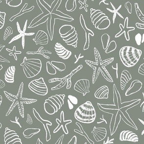 Coastal Whispers - starfish, shells, corals on green grey SMALL