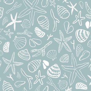 Coastal Whispers - starfish, shells, corals on teal blue SMALL