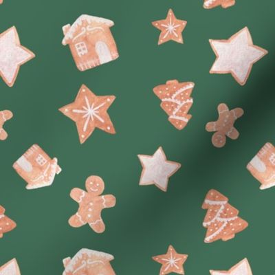 Watercolor gingerbread cookies on  green