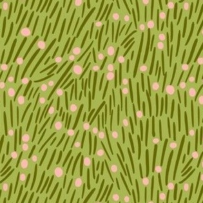 Modern Abstract Grassy Field with Flowers in Pink and Green 
