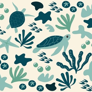 Sea Creatures in Green and Blue on Cream Background