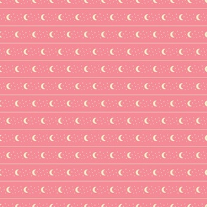 Celestial Crescent Moon and Stars Horizontal Stripe - Coral Pink - Small Scale - Cute and Cozy Witchy Aesthetic for Pastel Halloween Styles