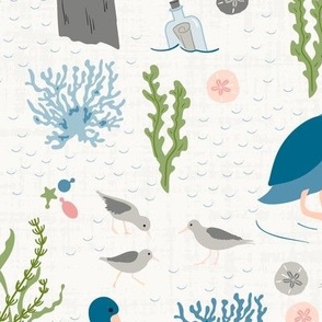 L ✹ Blue Pelicans, Sea Shells & Coastal Waves: Pastel Linen Nursery Decor