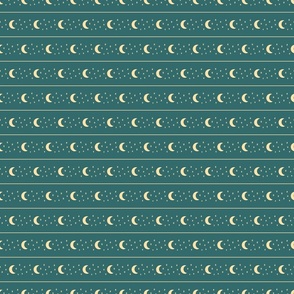 Celestial Crescent Moon and Stars Horizontal Stripe - Teal Green - Small Scale - Cute and Cozy Autumn Sweater Weather Halloween Pattern
