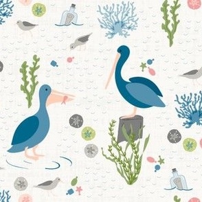 M ✹ Blue Pelicans, Sea Shells & Coastal Waves: Pastel Linen Nursery Decor