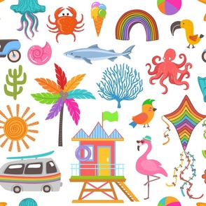 on the beach- cute rainbow colorful beach items  objects on white background design