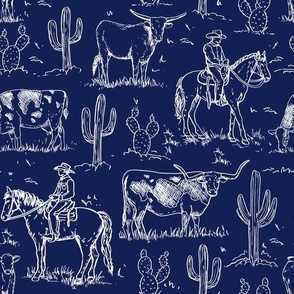 Cowboy Toile, Western Toile, Vintage Toile, Cowboy Fabric WB24 large scale white on navy
