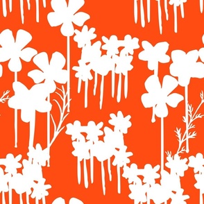 Summer Days Wildflowers Field White Flowers Silhouette On Bright Cheerful Red Illustrated Retro Modern Mid-Century Scandi Swiss Floral Ditzy Pattern