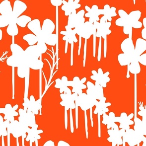 Summer Days Big Wildflowers Field White Flowers Silhouette On Bright Cheerful Red Illustrated Retro Modern Mid-Century Scandi Swiss Floral Ditzy Pattern