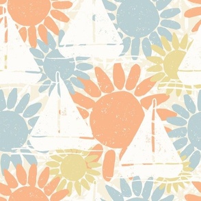 Hidden Sailboats and Suns in dusty blue, orange, yellow gold, cream and white