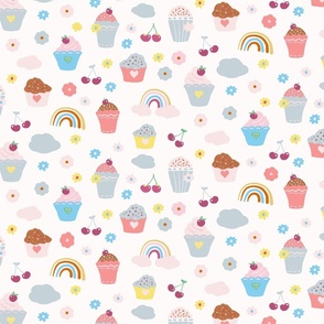 Cupcakes rainbows and cherries-small,  kawaii style.