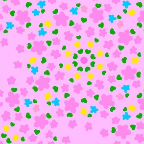 Pixie Flowers Multi-Color Big Yellow, Turquoise Blue And Bubblegum Pink Meadow Blooms With Green Leaves On A Pastel Pink Background Ditzy Hand-Illustrated Retro Modern Repeat Pattern