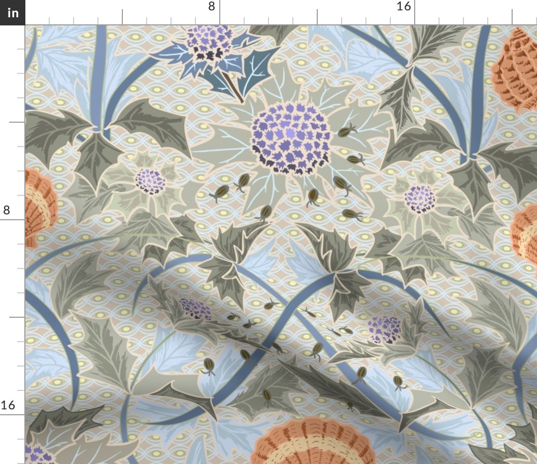 Beach thistle and shells with backgrd pattern - M
