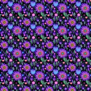 Dynamic Purple Flowers with Black Background