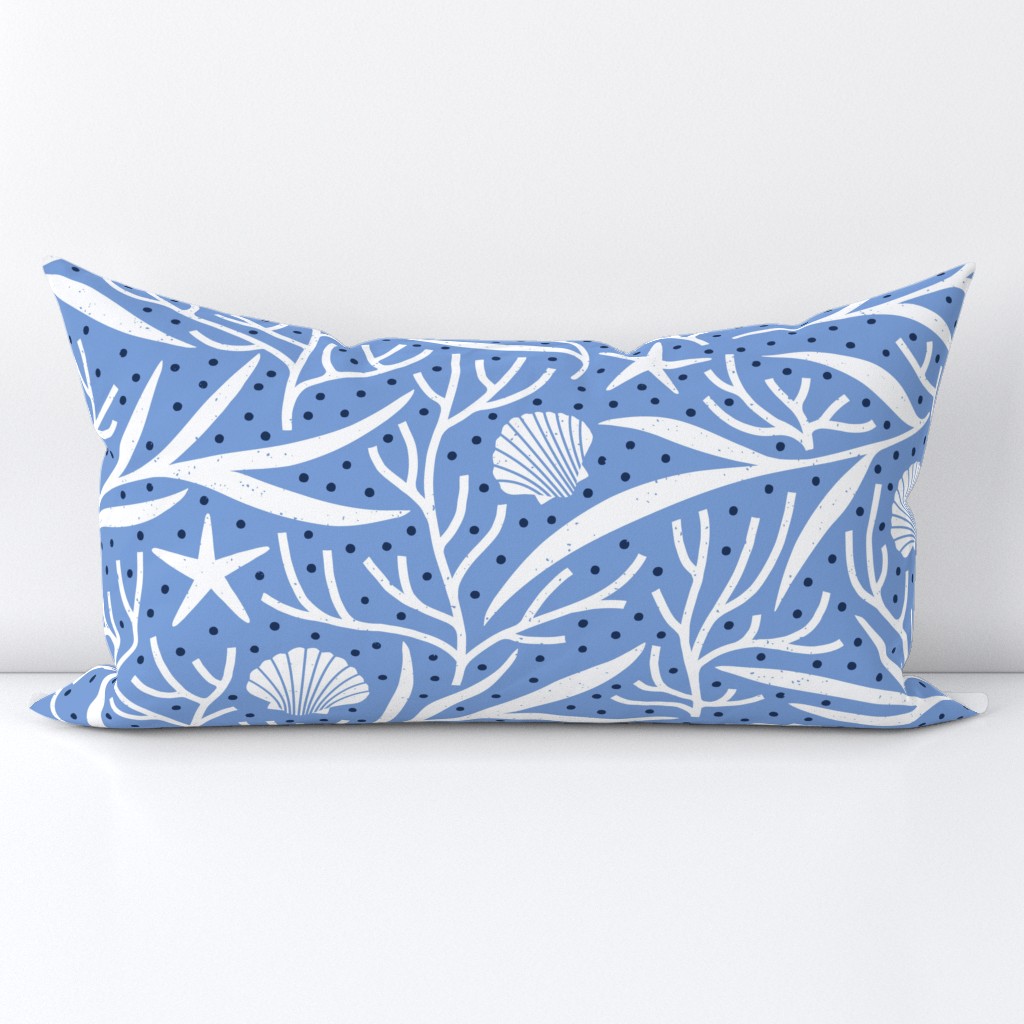 Underwater Sealife – Starfish, Seashells, Coral and Seaweed in Cornflower Blue and White – Large Scale