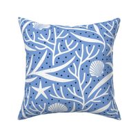 Underwater Sealife – Starfish, Seashells, Coral and Seaweed in Cornflower Blue and White – Large Scale