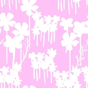 Summer Days Wildflowers Field White Flowers Silhouette On Pretty Cheerful Pastel Pink Illustrated Retro Modern Mid-Century Scandi Swiss Floral Ditzy Pattern