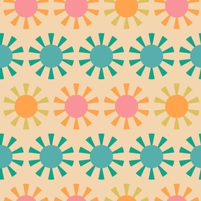 Abstract-suns-in-happy-vintage-colours-on-sand-beige-XL-jumbo