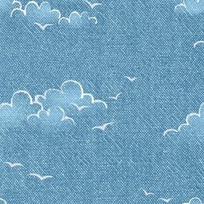 Chambray Cotton Clouds with Seagulls in Bahama Blue | Summer sky, hand drawn clouds and birds on natural cotton, chambray pattern, warp and weft weave pattern, tropical sky in Caribbean blue, ocean decor.