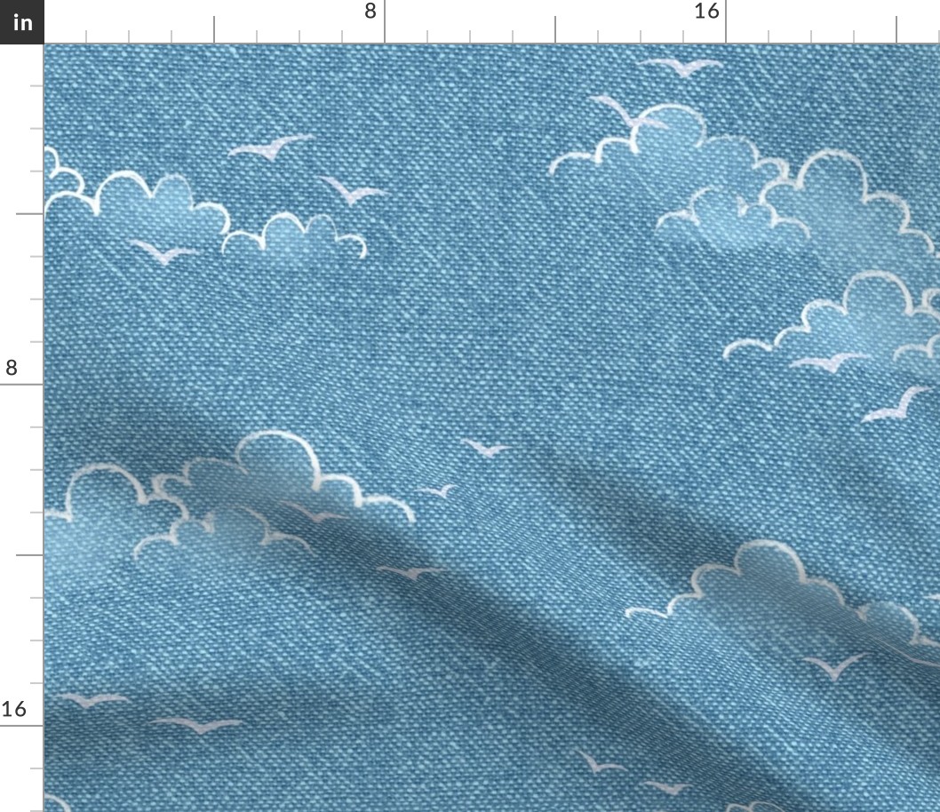 Chambray Cotton Clouds with Seagulls in Bahama Blue (xl scale) | Summer sky, hand drawn clouds and birds on natural cotton, chambray pattern, warp and weft weave pattern, tropical sky in Caribbean blue, ocean decor.
