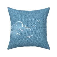 Chambray Cotton Clouds with Seagulls in Bahama Blue (xxl scale) | Summer sky, hand drawn clouds and birds on natural cotton, chambray pattern, warp and weft weave pattern, tropical sky in Caribbean blue, ocean decor.