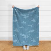 Chambray Cotton Clouds with Seagulls in Bahama Blue (xxl scale) | Summer sky, hand drawn clouds and birds on natural cotton, chambray pattern, warp and weft weave pattern, tropical sky in Caribbean blue, ocean decor.