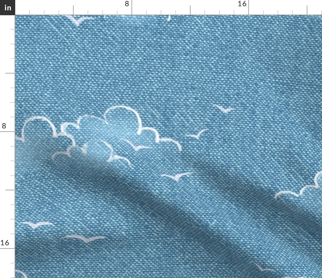 Chambray Cotton Clouds with Seagulls in Bahama Blue (xxl scale) | Summer sky, hand drawn clouds and birds on natural cotton, chambray pattern, warp and weft weave pattern, tropical sky in Caribbean blue, ocean decor.