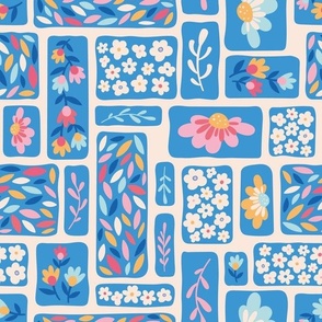 Cute Colorful Tiny Flowers and Daisies Blocks - Blue and White