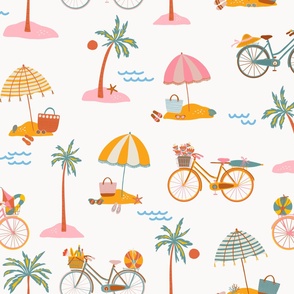 Biking the beaches – bicycles on the beach with palm trees and umbrella’s with pic nic basket and inflatabbles -  Large size