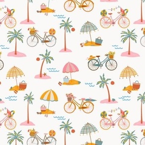 Biking the beaches – bicycles on the beach with palm trees and umbrella’s with pic nic basket and inflatabbles - Small size