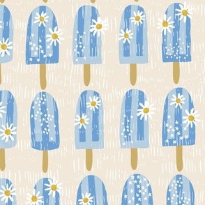 (Small) Textured iceberg blue Popsicles decorated with edible daisies and elderflowers, sprinkles