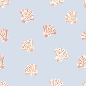(Small) Decorative Beach Shells With Dots and Stripes - Peach Orange on Dusty Light Blue