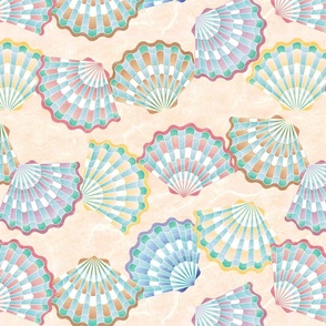 M - Shimmering Soft Pastels Art Deco Beach Sea Shells on peach sand
