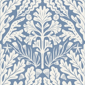 Blue and white coastal chic seaweed, seashells, star fish, sand dollar, coral- jumbo