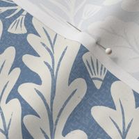 Blue and white coastal chic seaweed, seashells, star fish, sand dollar, coral