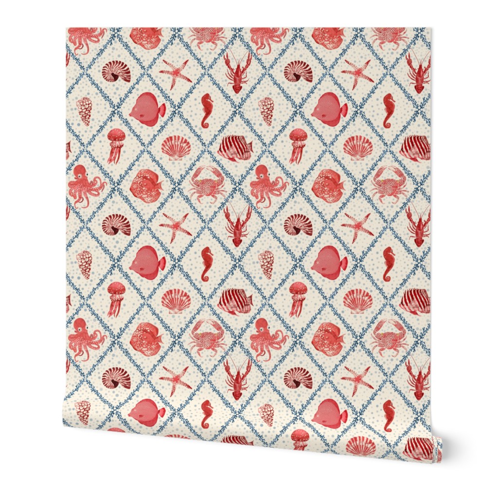 Celebration of Marine Life | Blue and Red on Cream | Water Bubbles | 12