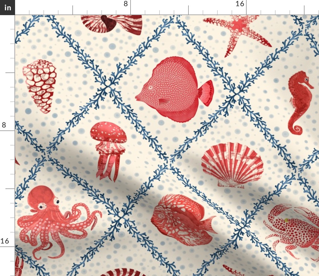 Celebration of Marine Life | Blue and Red on Cream | Water Bubbles | 24