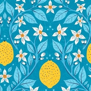 Fresh yellow lemons on blue background