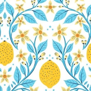 Fresh yellow lemons with blue on white background