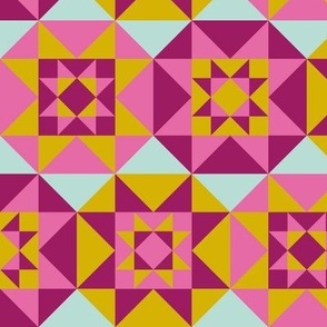 Cheater Quilt - Patchwork - Quilting Block - Tiles - Star Flower - Mustard - Pink - Large