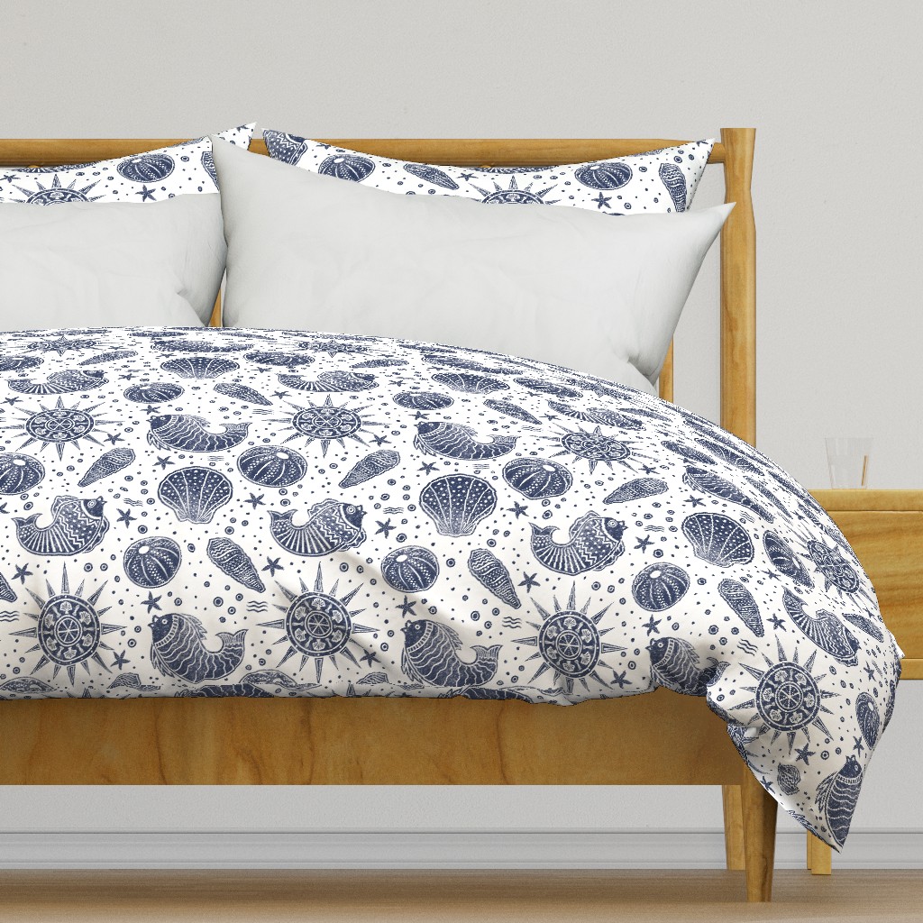 Sea life - Coastal navy blue block print