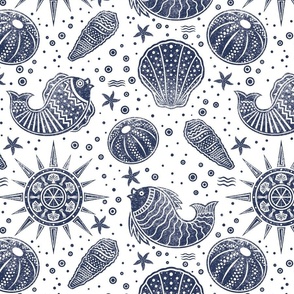 Sea life - Coastal navy blue block print